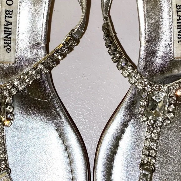 Silver Manolo Blahnik Crystal Embellished T-Strap Sandal With A Kitten Heel - Picture 5 of 10